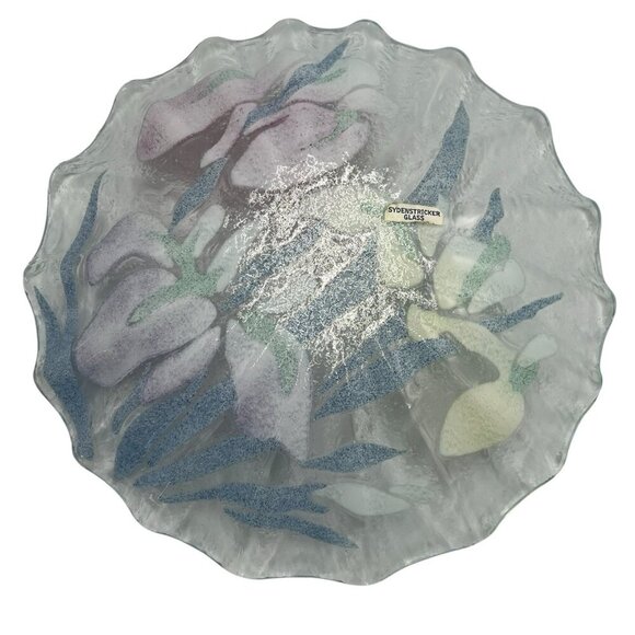 Vtg Sydenstricker Fused Art Glass Iris Floral Ruffled Edge 8" Trinket Bowl Plate - Picture 4 of 11